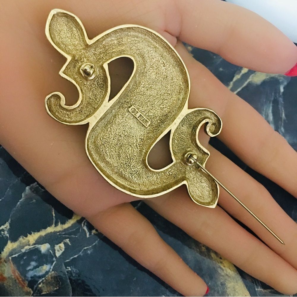 Vintage Erwin Pearl Two Headed Celtic Seahorse Brooch Gold Green Large E. 4349 - Picture 4 of 7